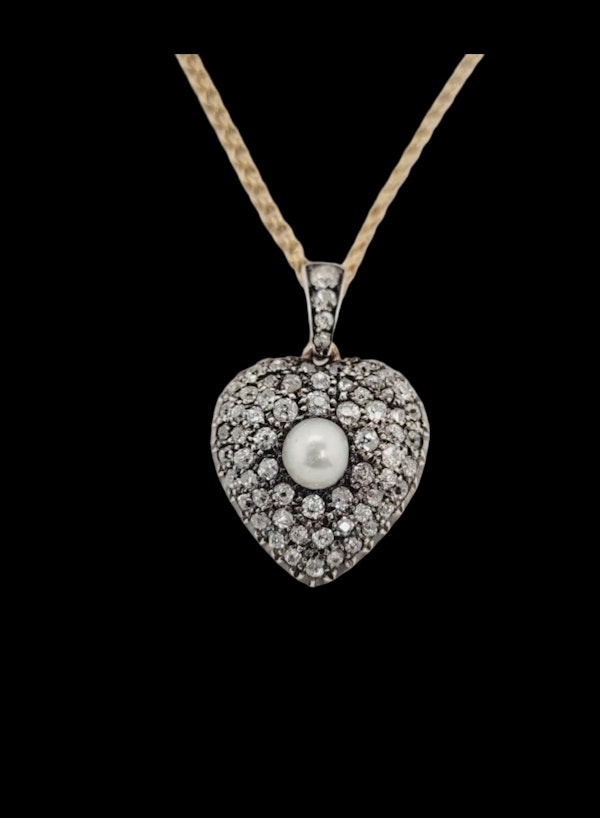 Antique pearl and diamond heart locket pendant with chain sku 8821 DBGEMS - image 1