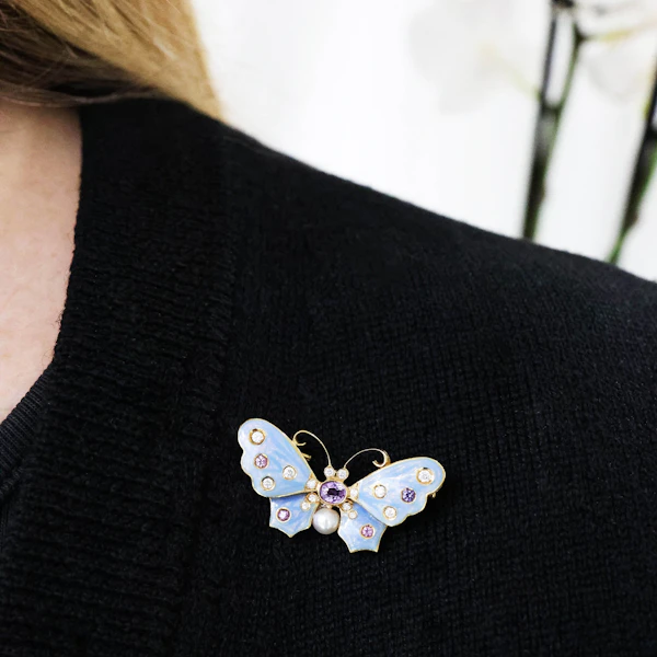 Light Blue Enamel, Purple Sapphire, Pearl And Diamond Butterfly Brooch - image 5