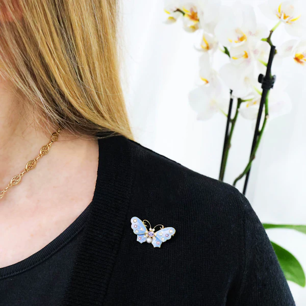 Light Blue Enamel, Purple Sapphire, Pearl And Diamond Butterfly Brooch - image 6