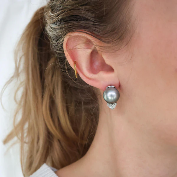 Tahitian Pearl Diamond Heart and 14ct White Gold Earrings, Circa 1990 - image 6