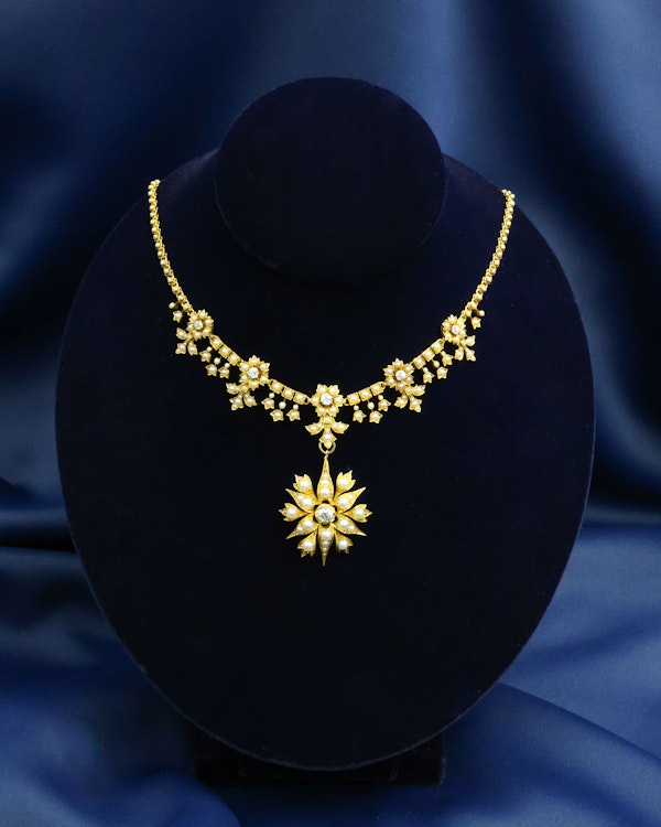 Downstairs at Grays: A very fine 15ct Yellow Gold Floral Seed Pearl and Diamond Necklace. Circa 1880 (Pendant shown - sold separately) - image 1