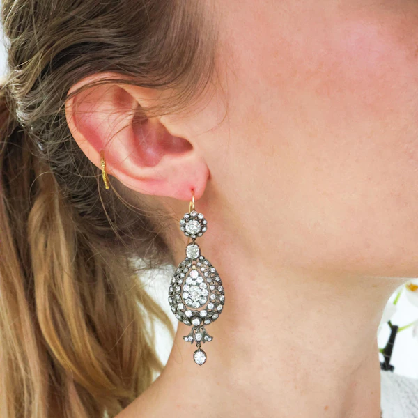 Diamond and Silver Upon Gold Antique Style Drop Earrings, 10.38ct - image 5