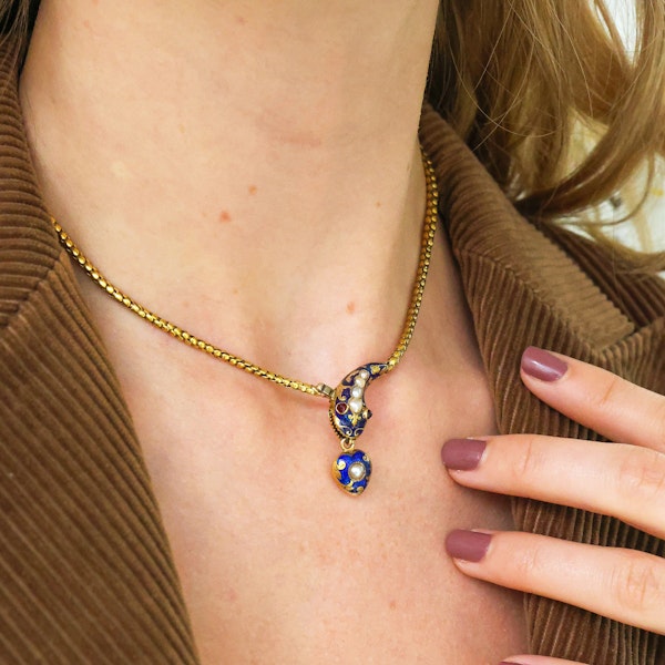 Victorian Natural Pearl, Garnet, Blue Enamel and Gold Snake Necklace, Circa 1850 - image 2