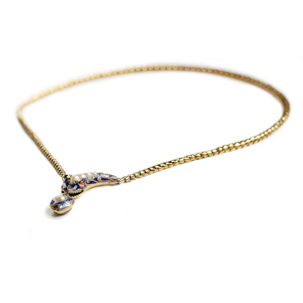 Victorian Natural Pearl, Garnet, Blue Enamel and Gold Snake Necklace, Circa 1850 - image 5