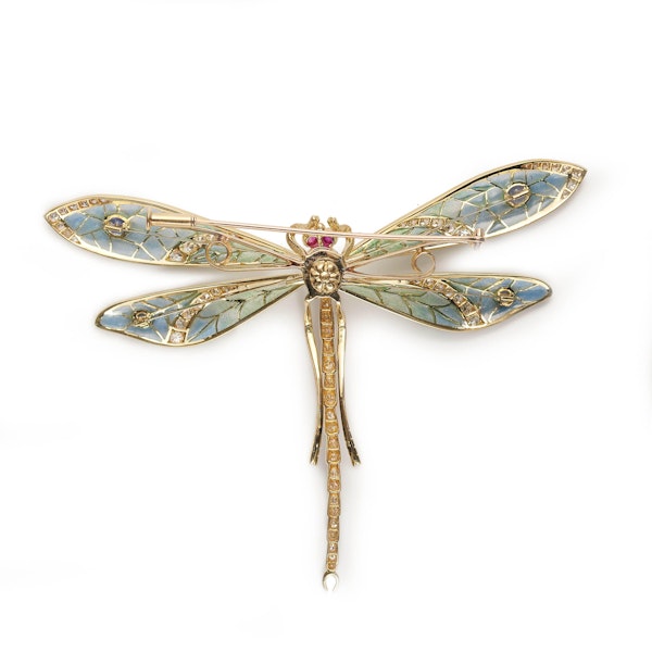 Modern Plique à Jour Enamel, Sapphire, Diamond, Ruby and Gold Dragonfly Brooch - image 3