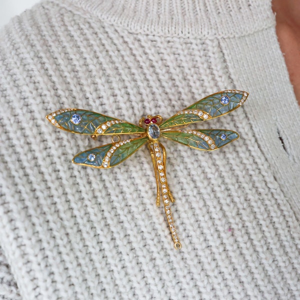 Modern Plique à Jour Enamel, Sapphire, Diamond, Ruby and Gold Dragonfly Brooch - image 4