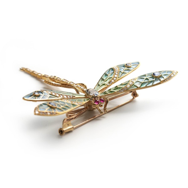 Modern Plique à Jour Enamel, Sapphire, Diamond, Ruby and Gold Dragonfly Brooch - image 5