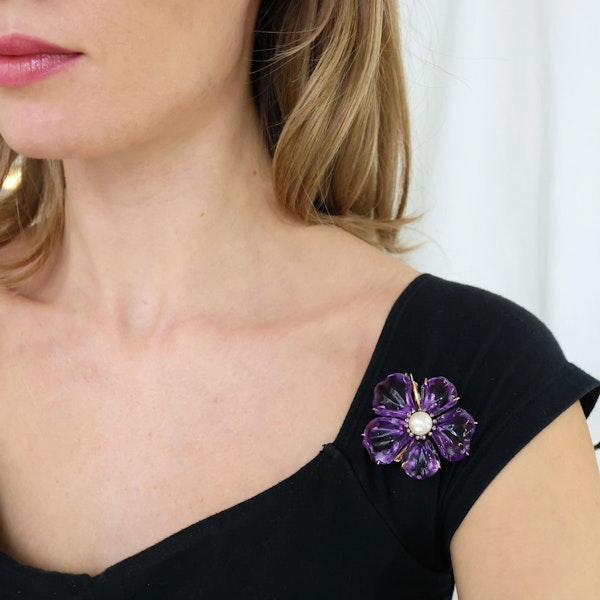 Amethyst, Pearl, Diamond and Gold Pansy Flower Brooch, Circa 1880 - image 4