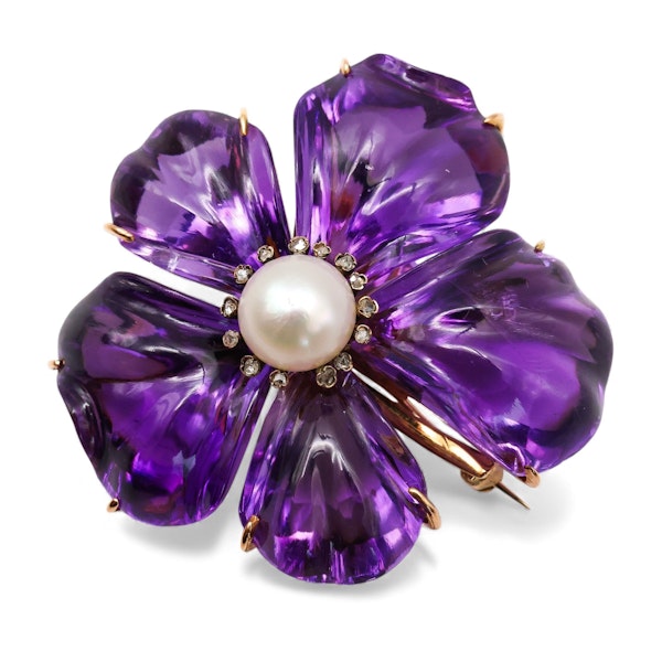 Amethyst, Pearl, Diamond and Gold Pansy Flower Brooch, Circa 1880 - image 3