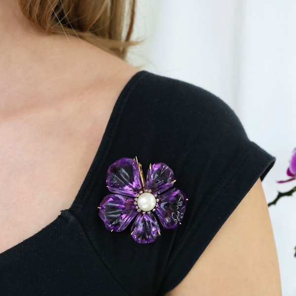 Amethyst, Pearl, Diamond and Gold Pansy Flower Brooch, Circa 1880 - image 2