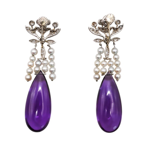 Vintage Amethyst, Diamond, Pearl and Platinum Earrings, Circa 1960 - image 3