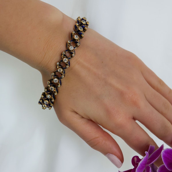 Victorian Blue Enamel, Diamond and Gold Expanding Bracelet, 1850 - image 2