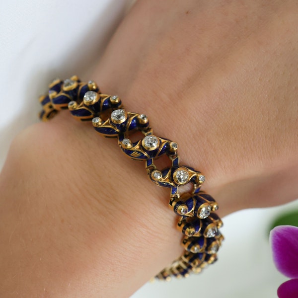 Victorian Blue Enamel, Diamond and Gold Expanding Bracelet, 1850 - image 4