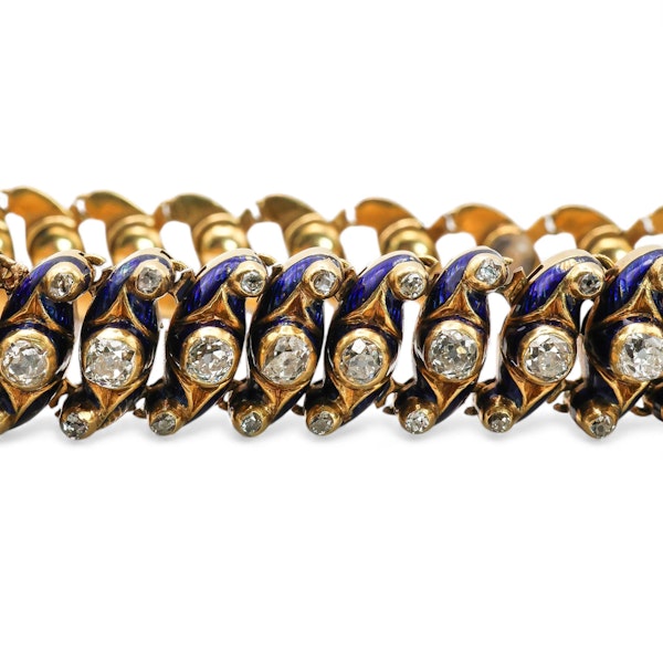 Victorian Blue Enamel, Diamond and Gold Expanding Bracelet, 1850 - image 3