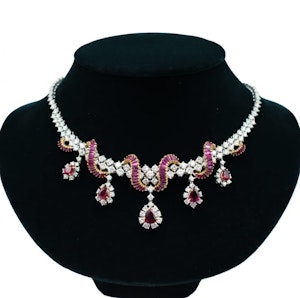 Ruby & diamond cluster necklace 18k yellow & white gold