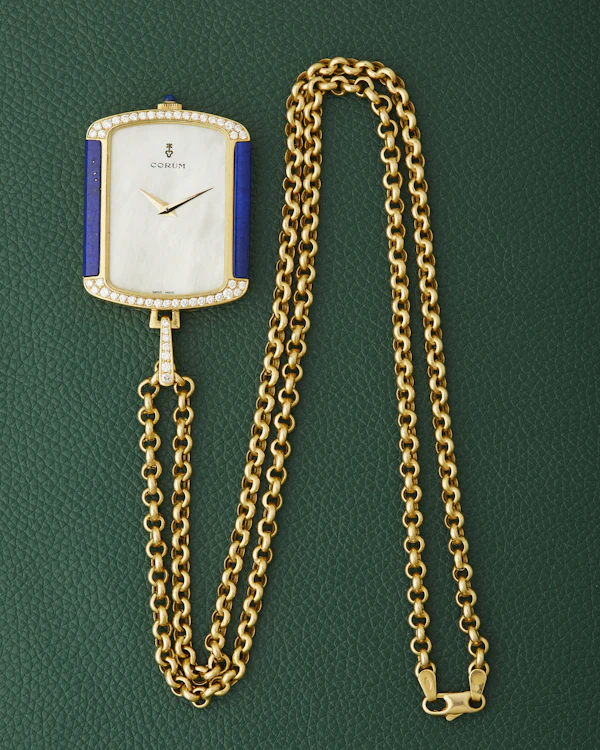 Corum 18k Yellow Gold Ref. 176424 Lapis Lazuli Diamonds Mother of Pearl Dial Pendant Watch - image 16