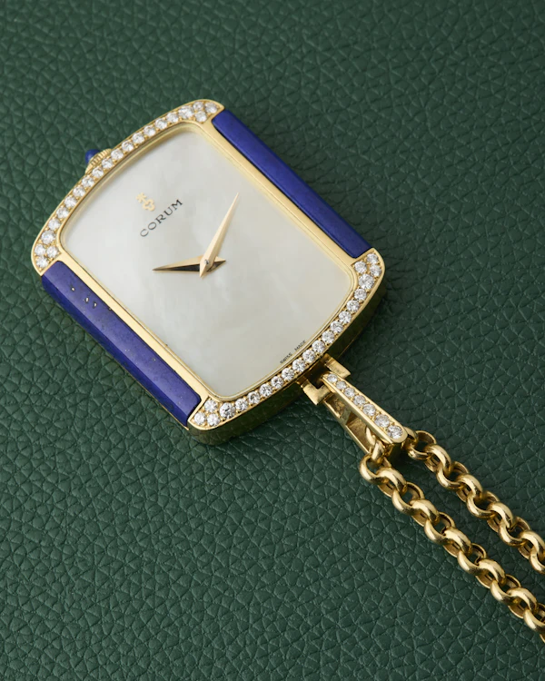 Corum 18k Yellow Gold Ref. 176424 Lapis Lazuli Diamonds Mother of Pearl Dial Pendant Watch - image 9