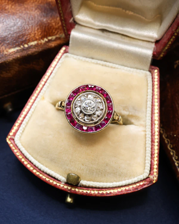 18ct Yellow Gold (tested) Platinum Tipped Diamond & Ruby Target Ring, circa 1925 - image 2