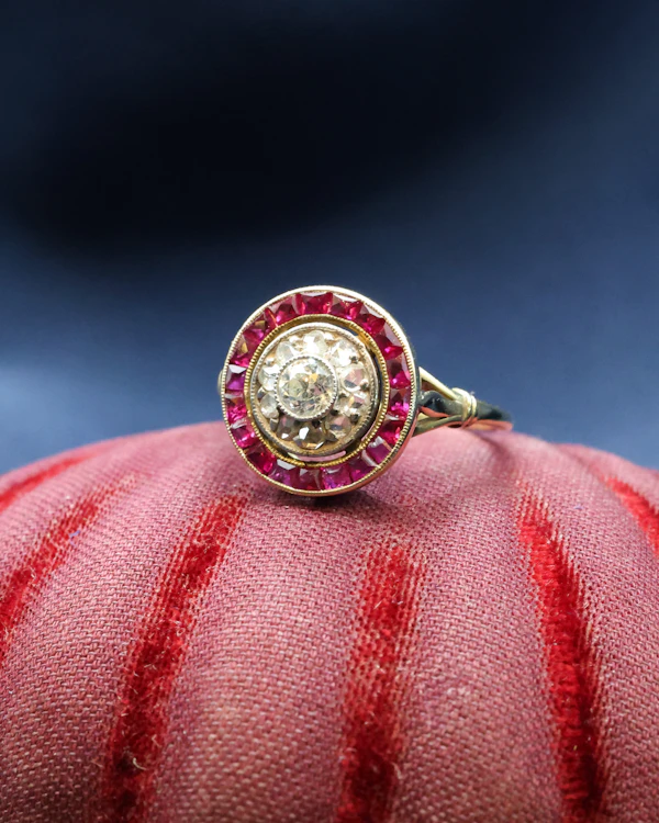 18ct Yellow Gold (tested) Platinum Tipped Diamond & Ruby Target Ring, circa 1925 - image 3