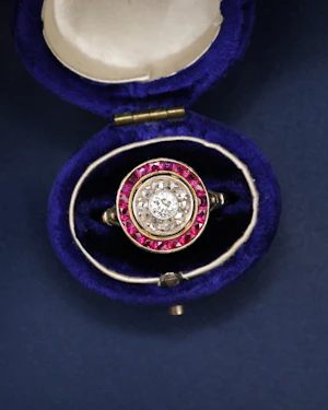 18ct Yellow Gold (tested) Platinum Tipped Diamond & Ruby Target Ring, circa 1925