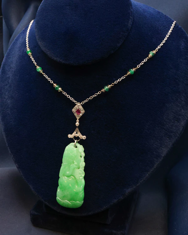 Downstairs at Grays: A Vintage Platinum Jade, Ruby and Diamond Pendant Circa 1920-1930 - image 3