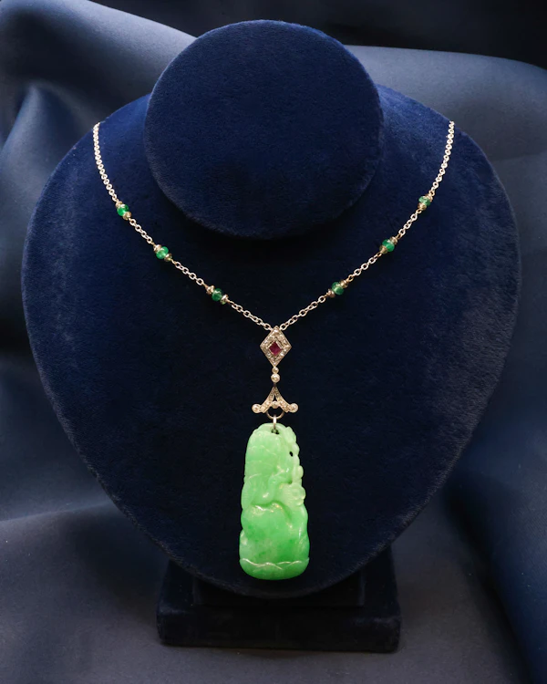 Downstairs at Grays: A Vintage Platinum Jade, Ruby and Diamond Pendant Circa 1920-1930 - image 1