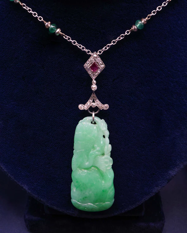 Downstairs at Grays: A Vintage Platinum Jade, Ruby and Diamond Pendant Circa 1920-1930 - image 2