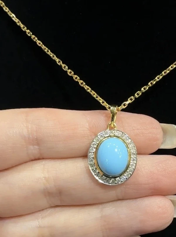Turquoise & diamond pendant necklace 18k yellow gold - image 3