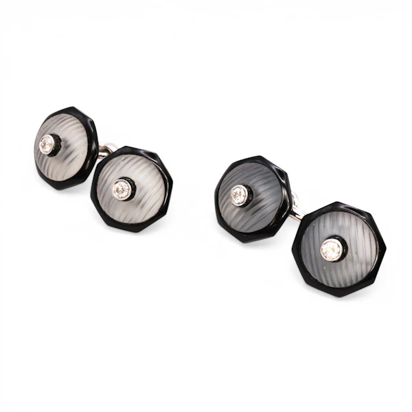 Modern Diamond Rock Crystal Black Onyx and White Gold Cufflinks - image 3