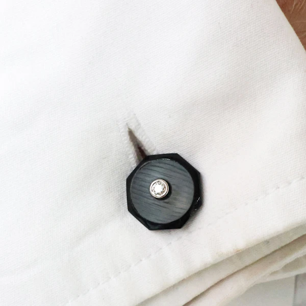 Modern Diamond Rock Crystal Black Onyx and White Gold Cufflinks - image 6