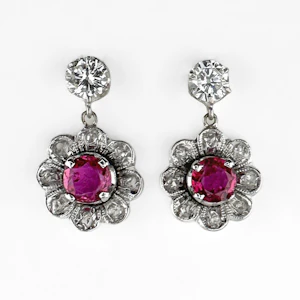 Ruby & Diamond Flower Earrings - Saddingtons Jewellery Stand 375