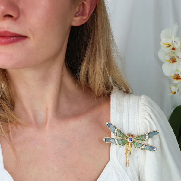 Modern Plique À Jour Enamel, Diamond, Sapphire, Ruby And Gold Dragonfly Brooch - image 5