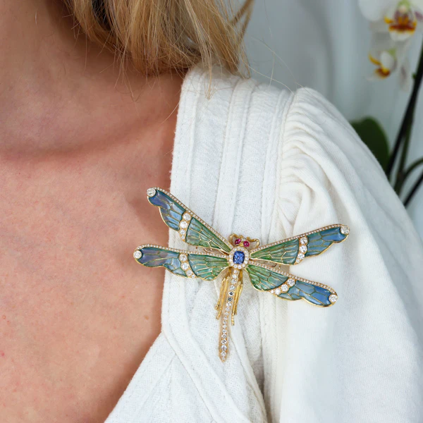 Modern Plique À Jour Enamel, Diamond, Sapphire, Ruby And Gold Dragonfly Brooch - image 6