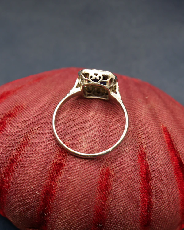 A fine Platinum (tested), Cushion Cut Deep Blue Sapphire & Diamond Floating Style Cluster Ring Pre-owned - image 3