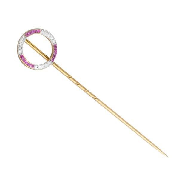Art Deco Ruby & Diamond Tie Pin in 18ct Gold c.1920s - image 2