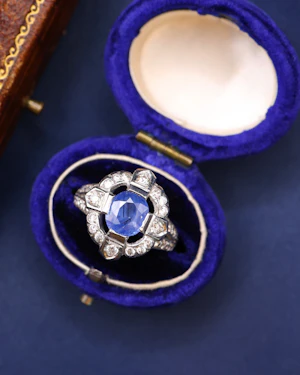 Downstairs at Grays: Platinum Sapphire and Diamond French Cluster Quatrefoil Ring Circa 1950's