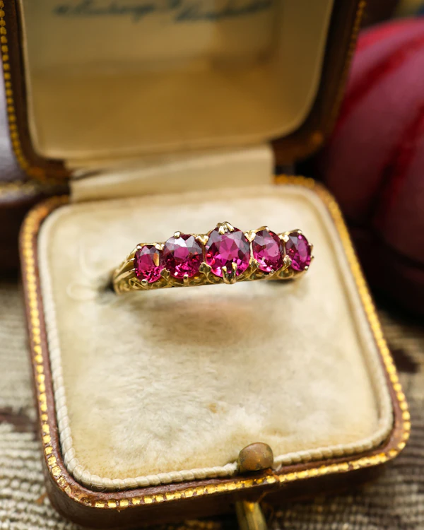 Downstairs at Grays: 18ct Yellow Gold Victorian Certificated Natural Burmese Ruby Five Stone Ring Circa 1880 - image 1
