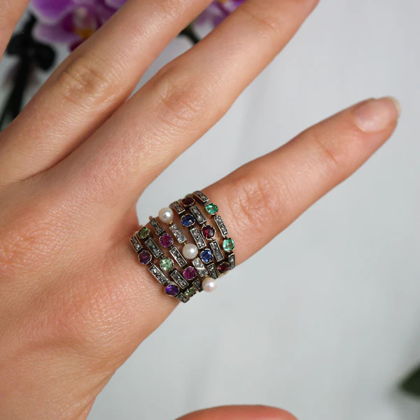 Antique Seven Row Harem Ring With Amethyst, Peridot, Ruby, Pearl, Sapphire, Garnet, Emerald in Gold, Circa 1910 - image 6