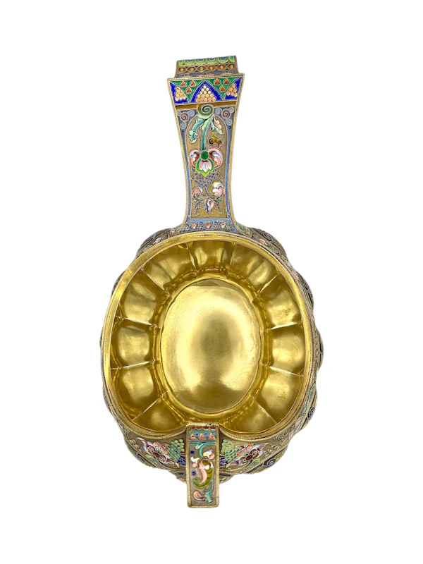 Large Russian sliver gilt cloisonné and shaded enamel kovsh, Moscow, c.1910 by 11th Artel. - image 10