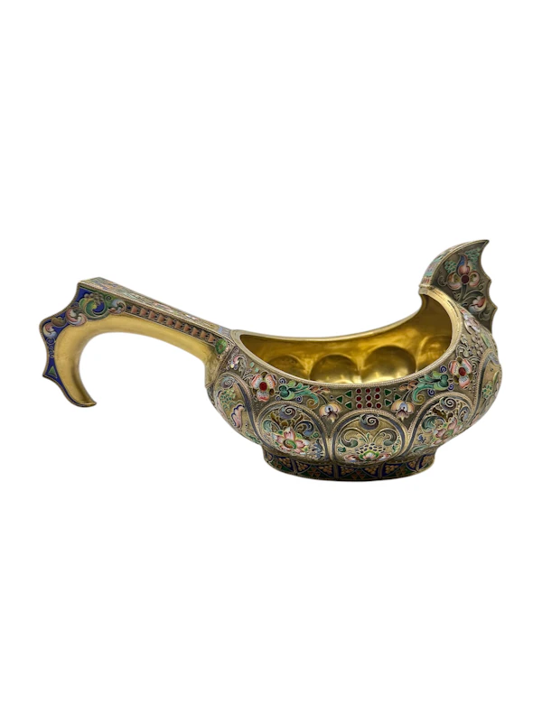 Large Russian sliver gilt cloisonné and shaded enamel kovsh, Moscow, c.1910 by 11th Artel. - image 5