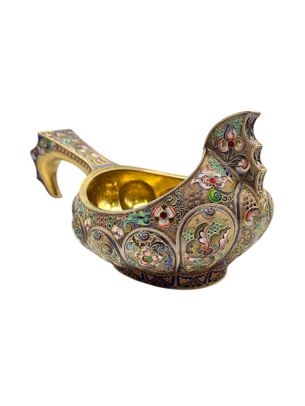 Large Russian sliver gilt cloisonné and shaded enamel kovsh, Moscow, c.1910 by 11th Artel. - image 6