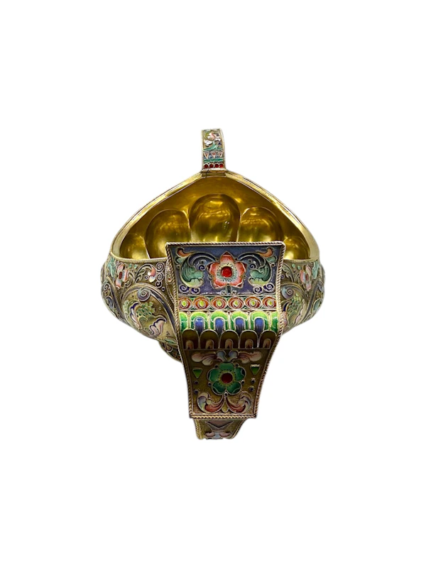 Large Russian sliver gilt cloisonné and shaded enamel kovsh, Moscow, c.1910 by 11th Artel. - image 3