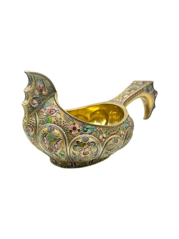 Large Russian sliver gilt cloisonné and shaded enamel kovsh, Moscow, c.1910 by 11th Artel. - image 8