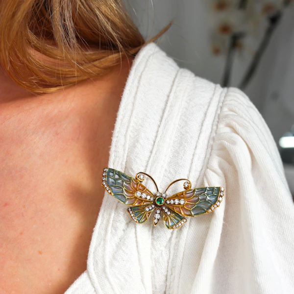 Moira Modern Diamond, Emerald, Gold and Blue-Pink Enamel Butterfly Brooch - image 5