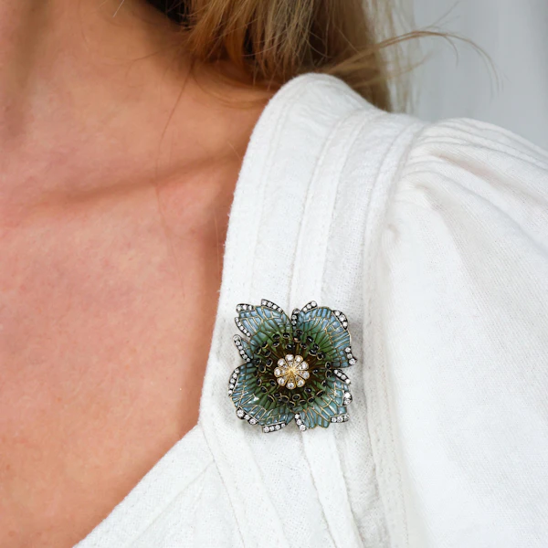 Moira Poppy Plique à Jour Enamel Diamond Silver and Gold Brooch - image 7