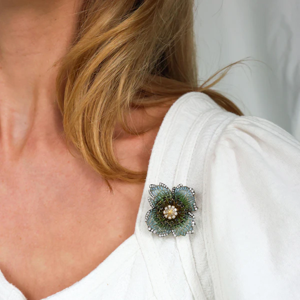 Moira Poppy Plique à Jour Enamel Diamond Silver and Gold Brooch - image 6
