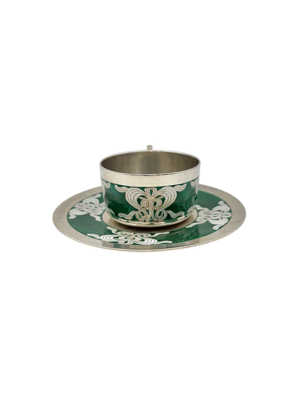 Art Nouveau Norwegian silver and guilloche enamel cup and saucer by Marius Hammer, c.1900. - image 2