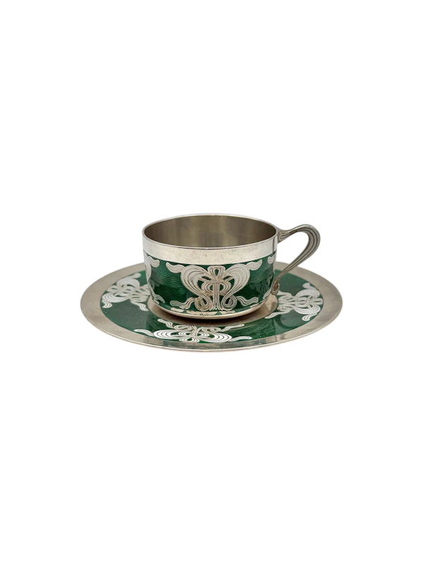 Art Nouveau Norwegian silver and guilloche enamel cup and saucer by Marius Hammer, c.1900. - image 3