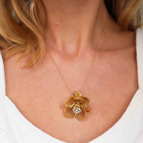 Vintage Merrin French Diamond And Gold Mesh Flower Pendant, Circa 1960 - image 8