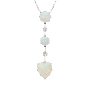 Edwardian Opal & Old Cut Diamond Drop Necklace in Platinum, c.1905